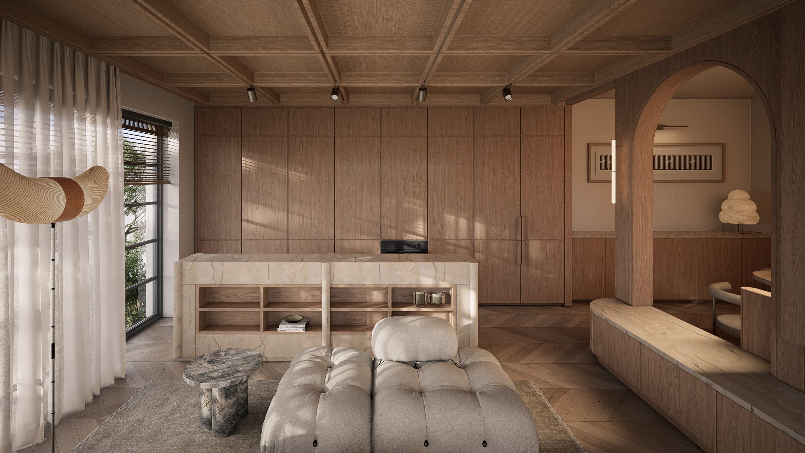 New Wharf Residence concealed kitchen in natural oak and stone, opening sequence 1 of 6
