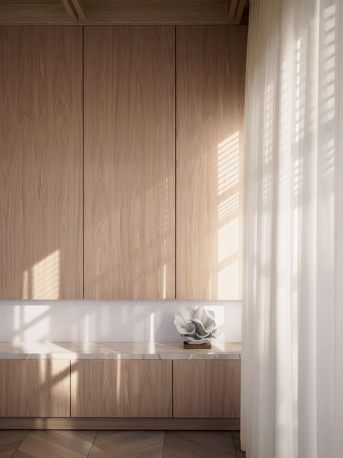 Closed oak folding doors concealing the screen, New Wharf Residence living room