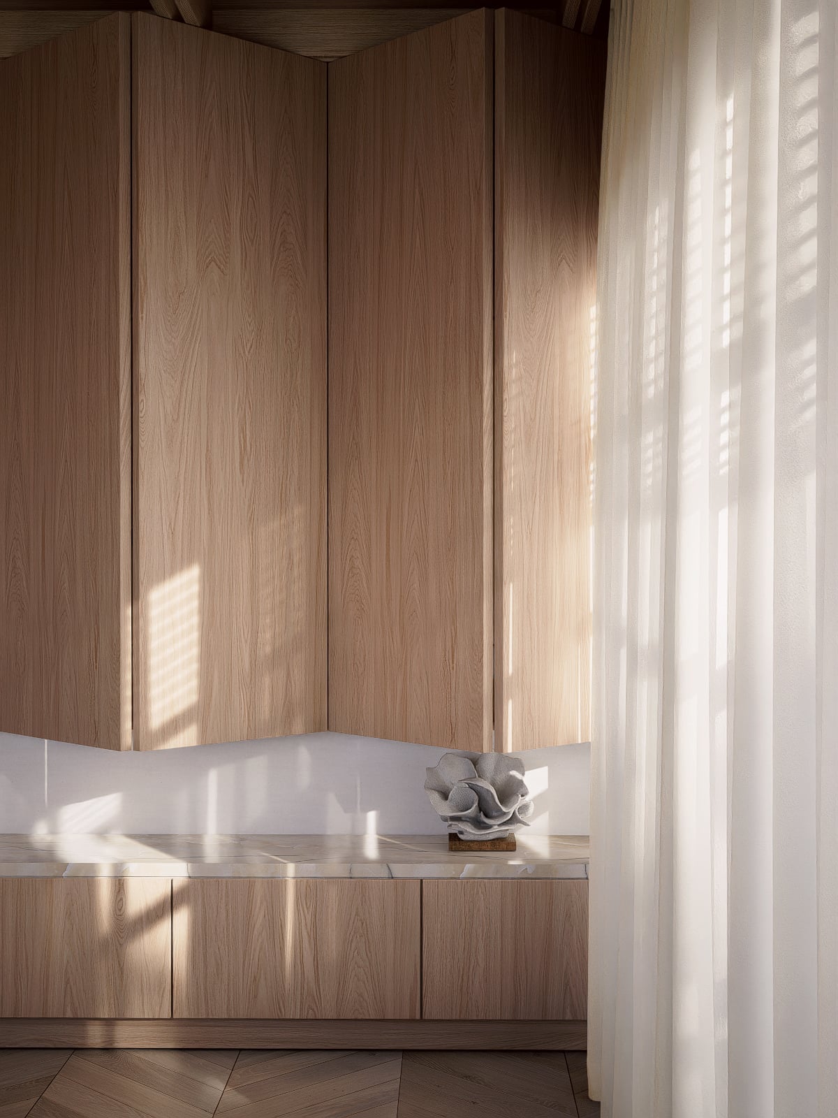 Oak folding doors and marble ledge, New Wharf Residence living room