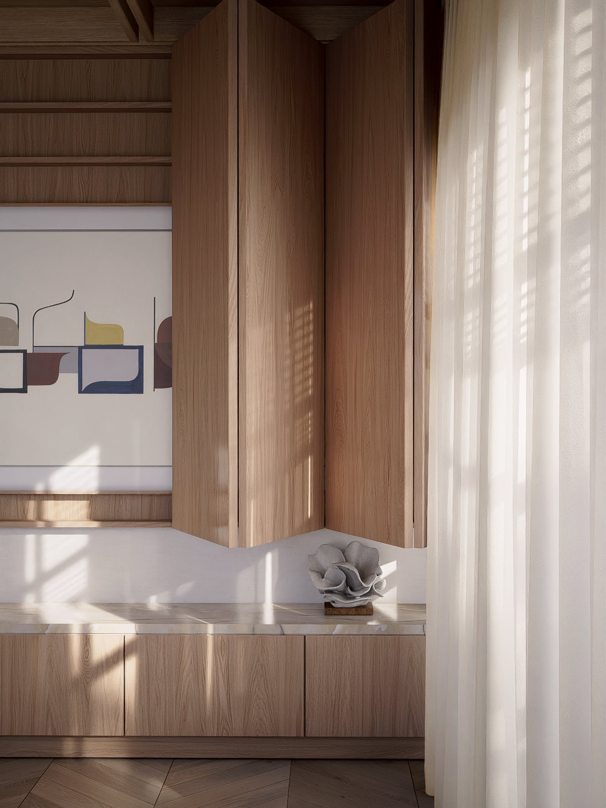 Oak folding doors opening to reveal the framed screen, New Wharf Residence living room