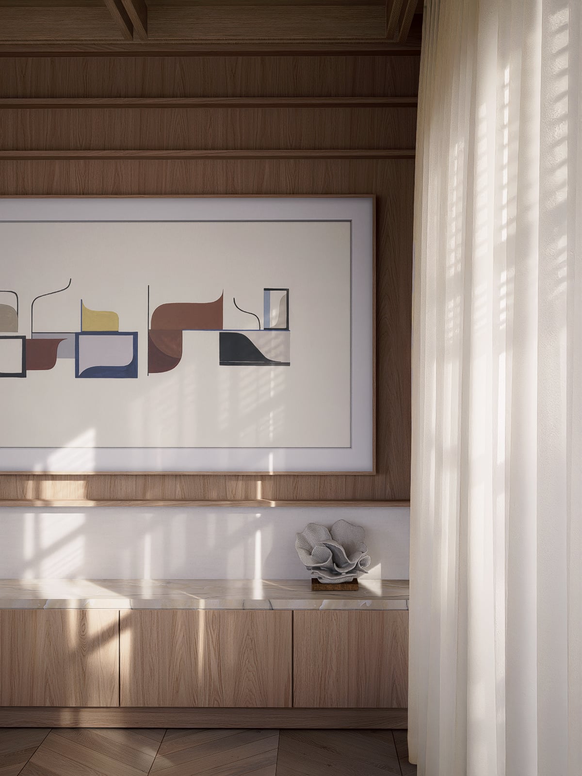 Framed screen behind open oak doors, New Wharf Residence living room