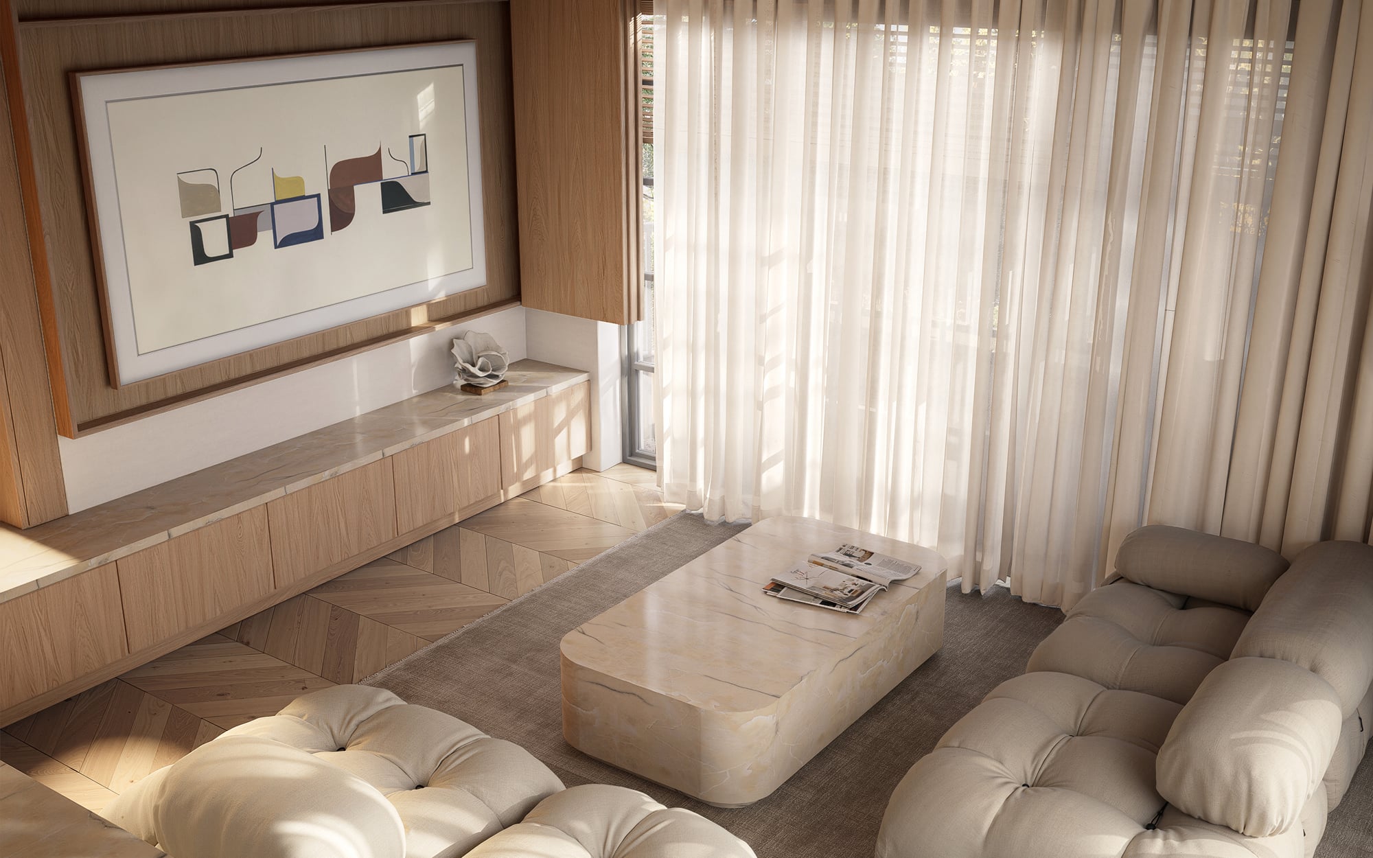 Living room media wall in oak veneer with a framed screen above a marble-topped console.