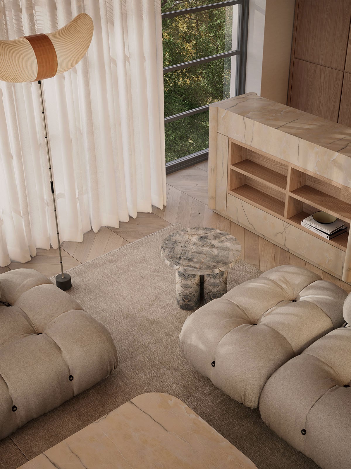 View of the marble island with oak shelving, on the living room side.