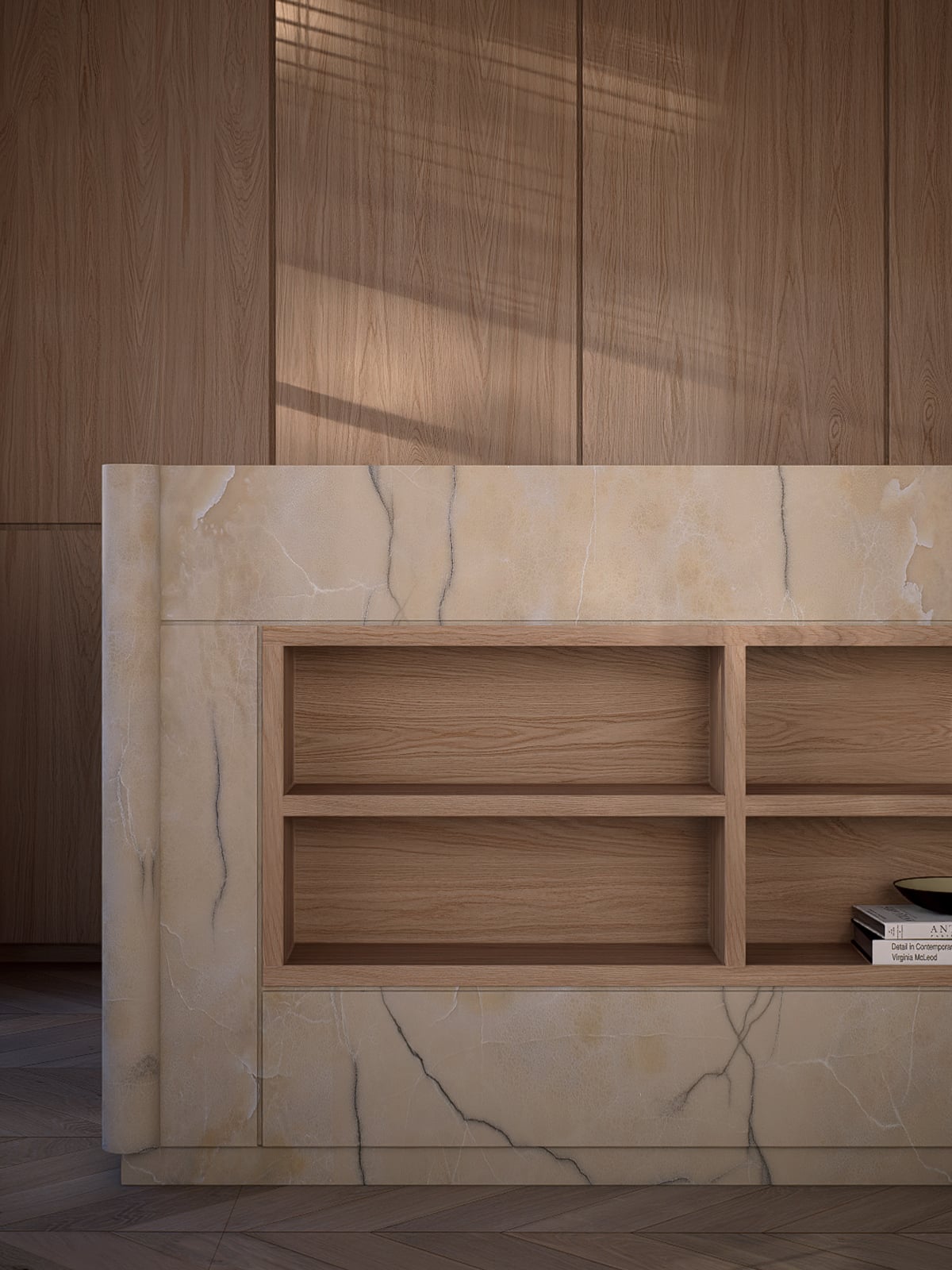 Zoomed-in view of the marble island with oak shelving.