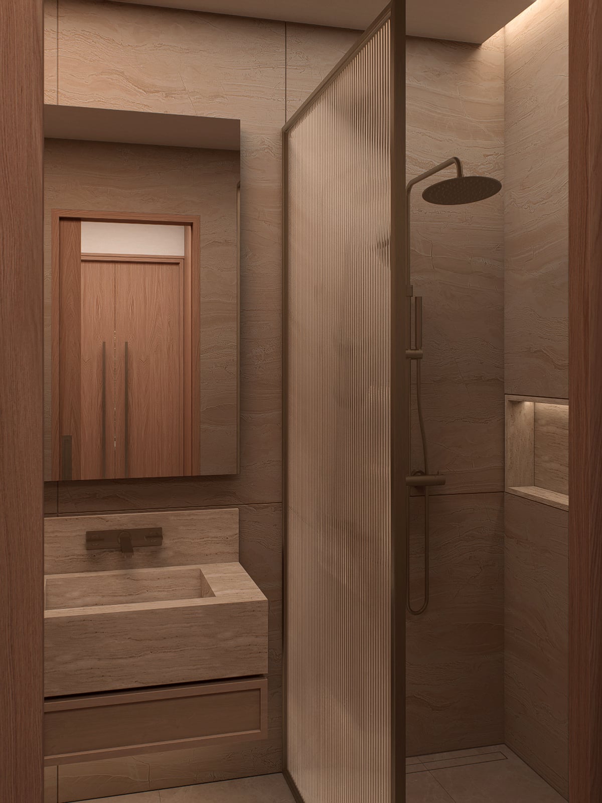 Washroom with a fluted-glass walk-in shower and a stone vanity with a generous mirror above.
