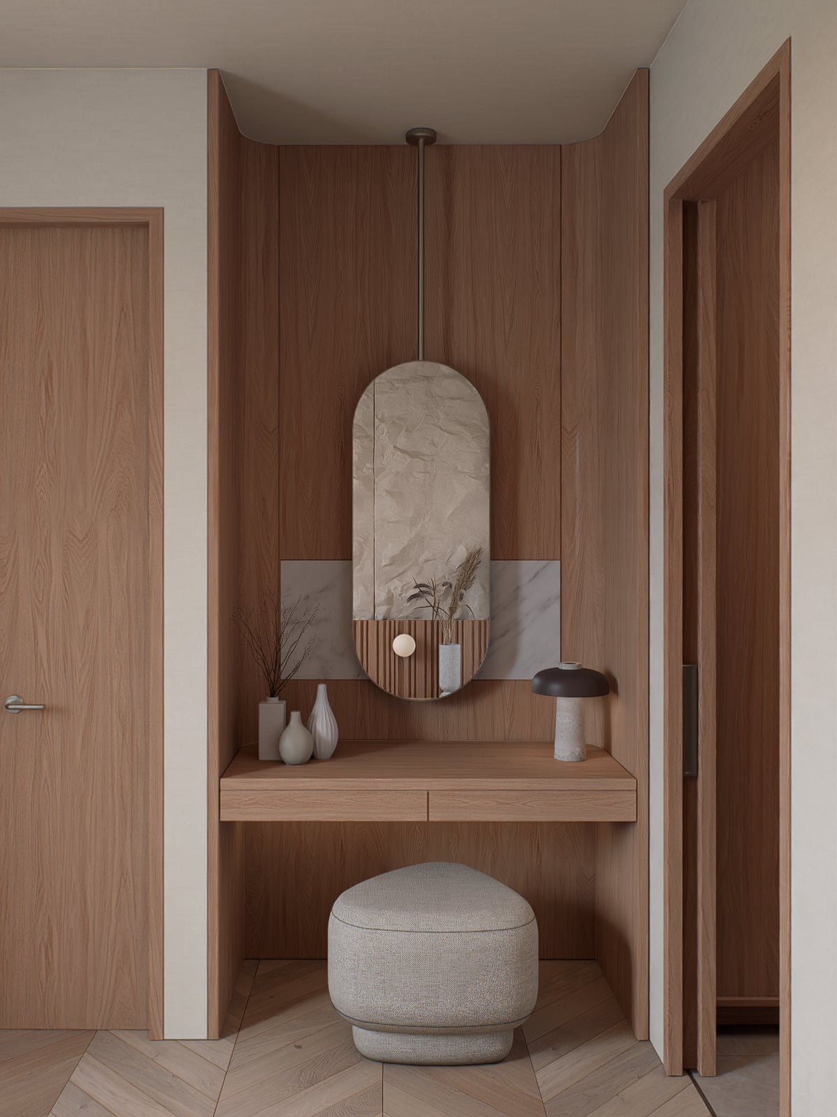 Dressing nook with an oval mirror, floating console shelf, and a low upholstered stool.