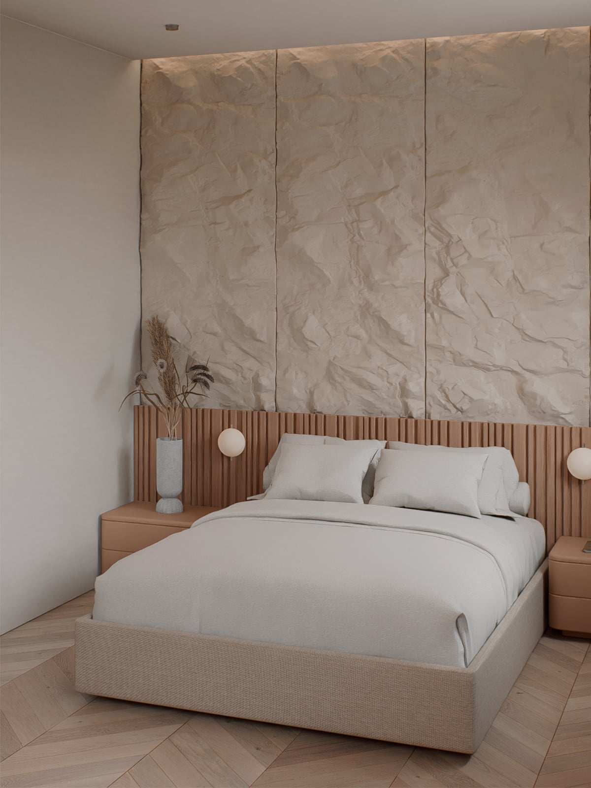 Bedroom with a linen-dressed bed against a textured stone-effect wall and ribbed wood headboard detailing.