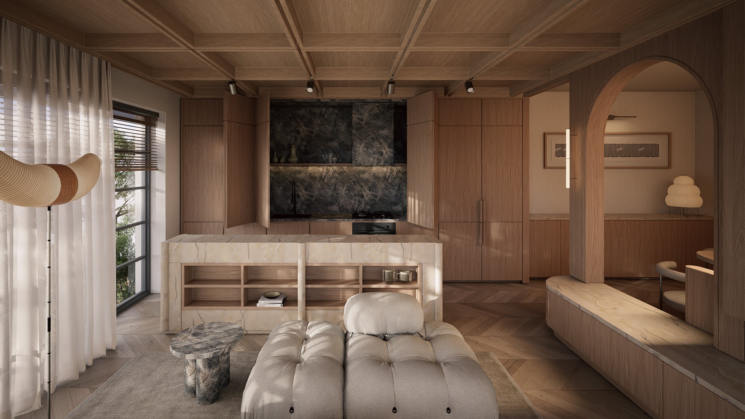 New Wharf Residence concealed kitchen in natural oak and stone, opening sequence 3 of 6