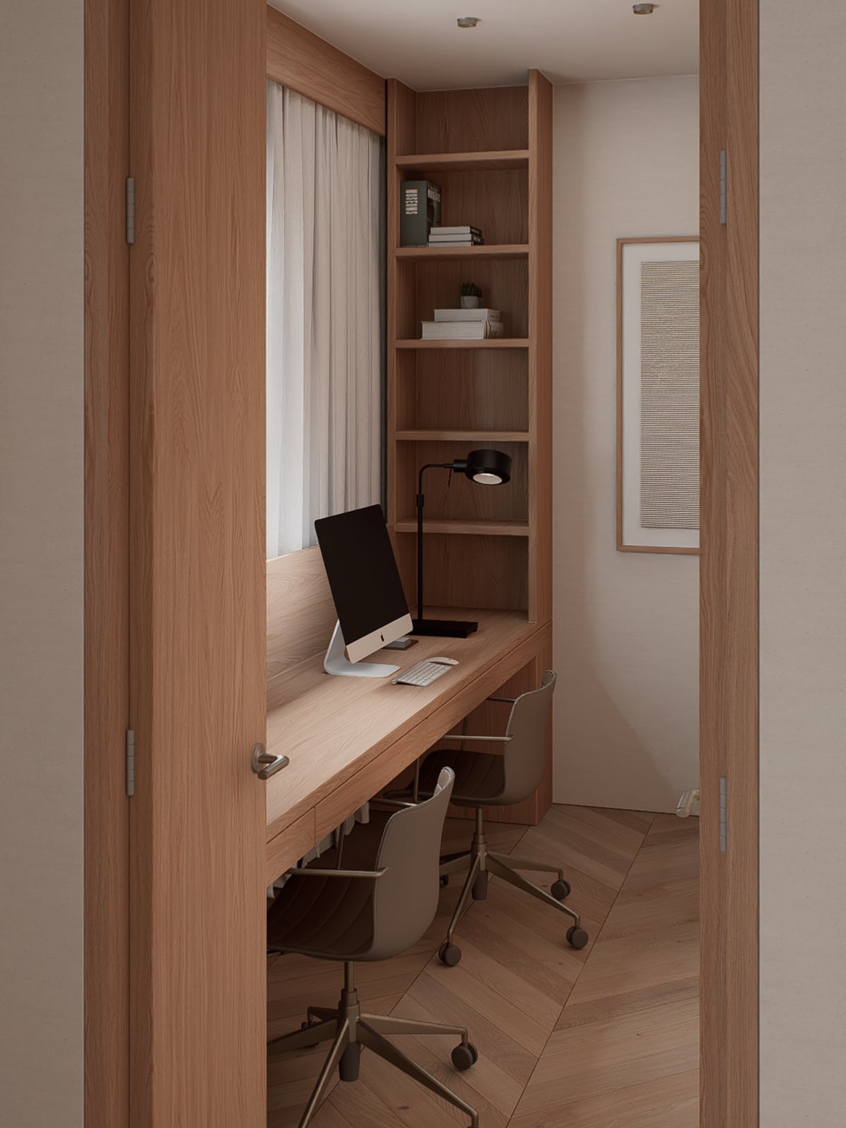 Home office nook with a built-in desk, open bookshelf, and two chairs, seen through an open door.