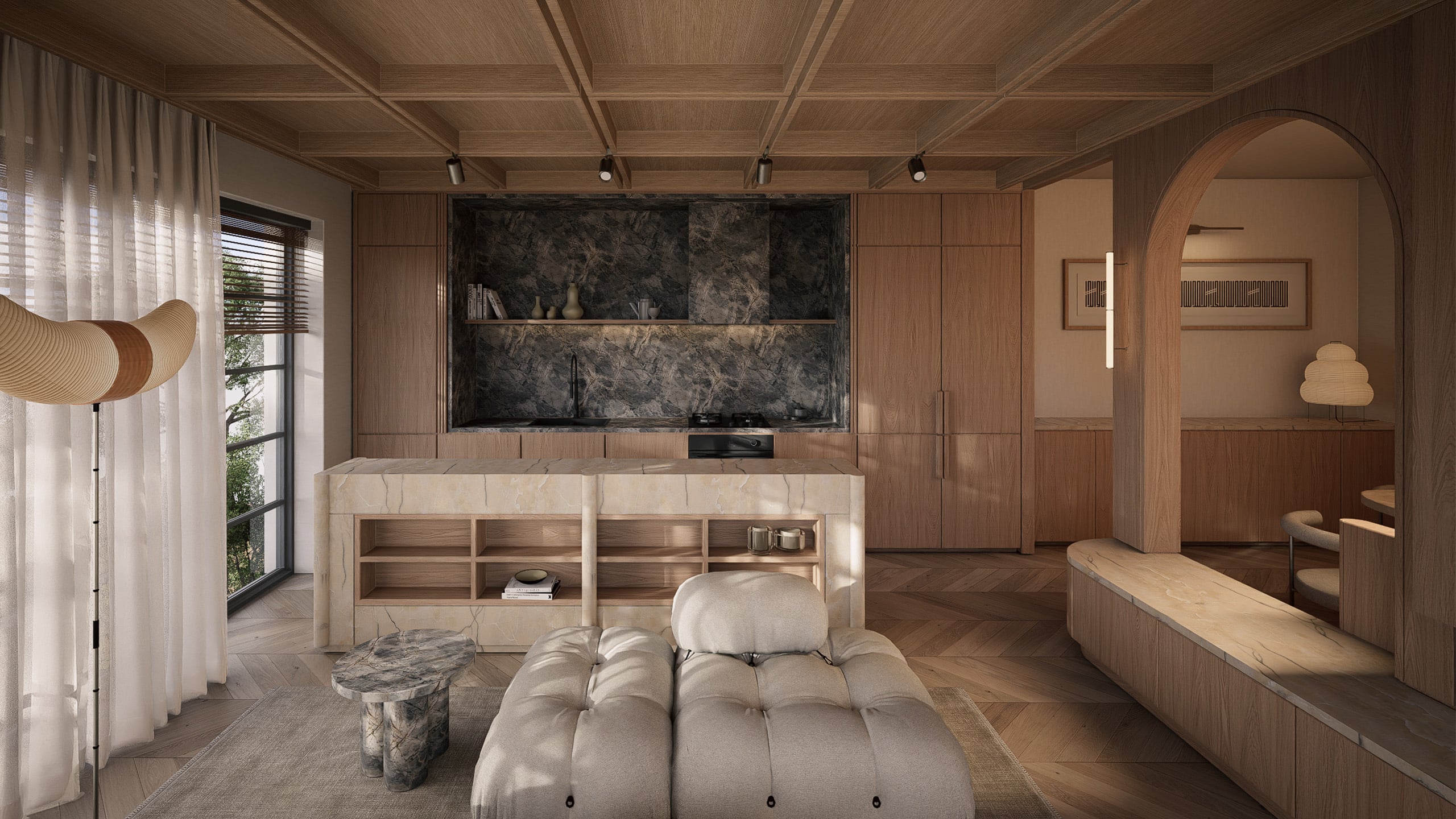 New Wharf Residence concealed kitchen in natural oak and stone, opening sequence 4 of 6