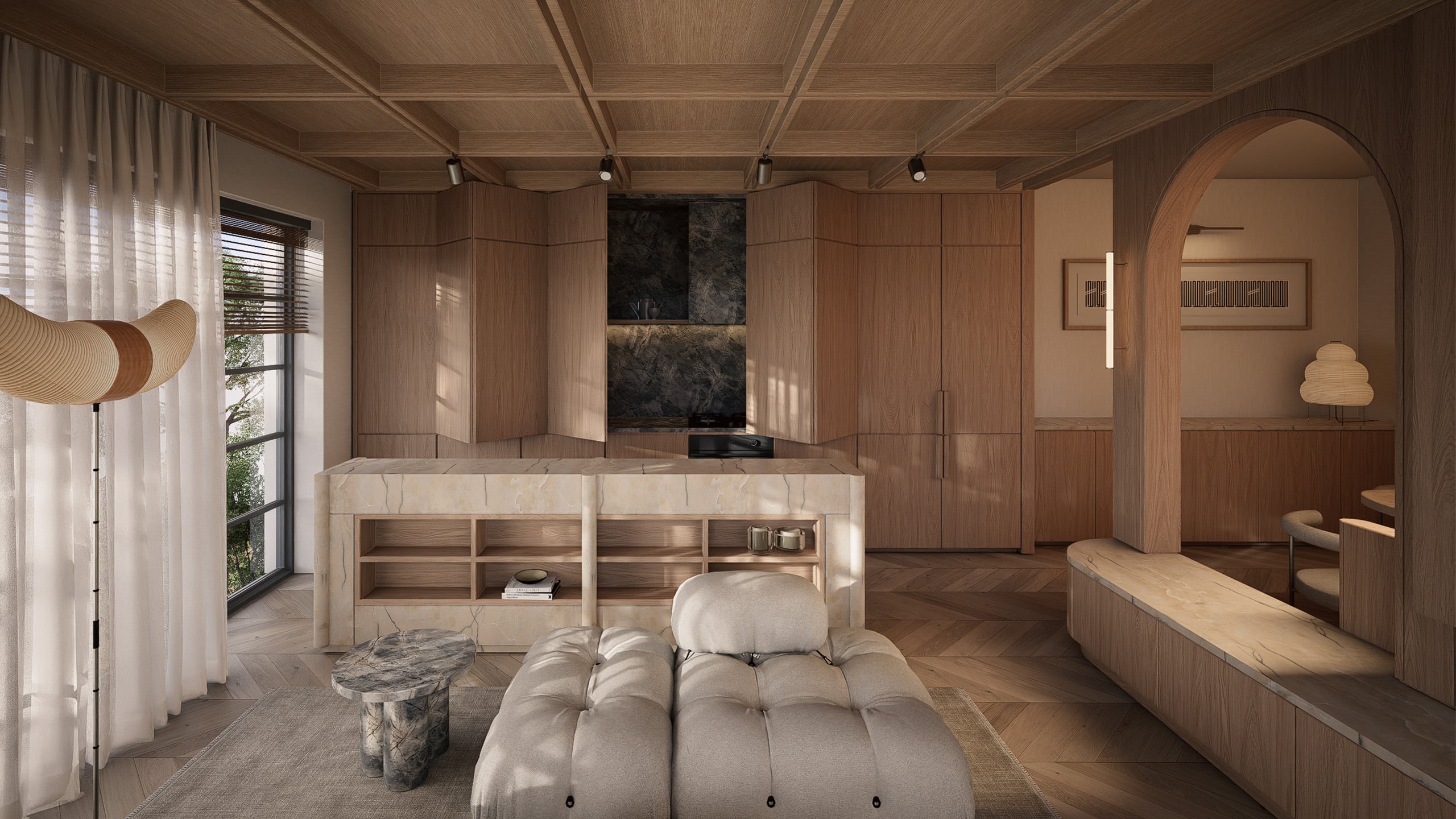 New Wharf Residence concealed kitchen in natural oak and stone, opening sequence 6 of 6